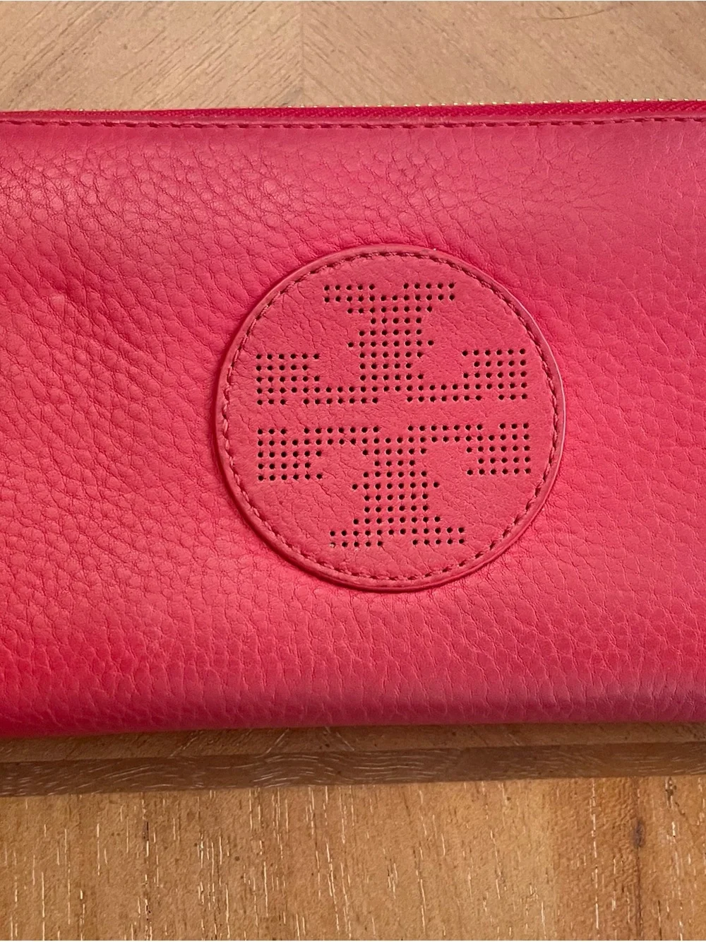 Tory Burch Coral-Red Pebbled Leather Zip Continental Wallet with Perforated Logo